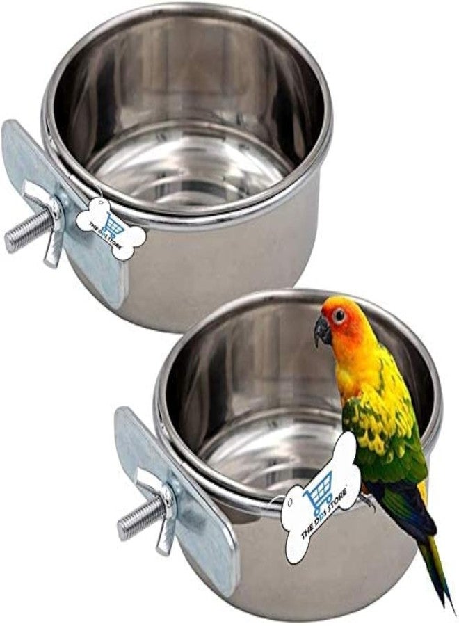 THE DDS STORE Bird Feeding Dish Cups, Parrot Food Bowl Holder-Stainless Steel Coop Cup, Bird Cage Water Bowl for Parakeet African Greys Conure Cockatiels Lovebird Budgie Chinchilla (300.ml Clamp Pack of 2) - Image 1